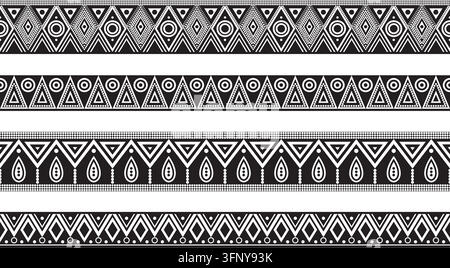 Set di vettori di ornamenti indiani geometrici monocromi senza cuciture. Bordi, cornici, motivi dei popoli indigeni delle Americhe, Aztechi, Maya, Inca. Illustrazione Vettoriale