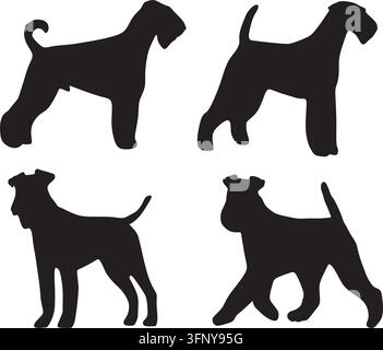 Set di vettori di silhouette di cane Airedale Terrier. Ombre di animali domestici, mammiferi. Illustrazione Vettoriale