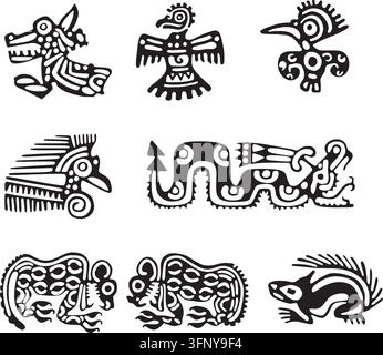 Set vettoriale di simboli dei nativi americani, aztechi, maya, inca. Figurine di tribù native americane. Illustrazione Vettoriale