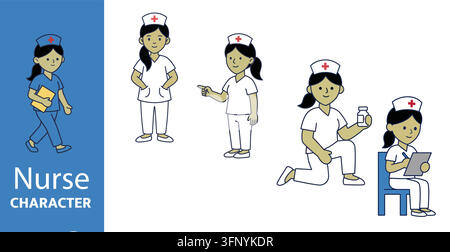 Set di illustrazioni di personaggi infermieri che svolgono attività sanitarie in un ambiente professionale con elementi vettoriali modificabili Illustrazione Vettoriale