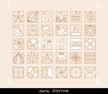 Set di icone creative in stile art déco moderne con disegno a linea piatta su sfondo beige. Illustrazione Vettoriale