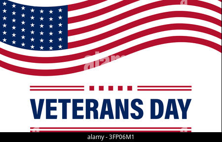 Banner del Giorno dei Veterani con bandiera americana sventolante isolata su sfondo bianco Illustrazione Vettoriale