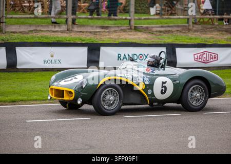 Automobile da corsa Jaguar C-Type verde con finiture gialle, numero 5, in competizione al Goodwood Revival sul Goodwood Motor Circuit, West Sussex. Foto Stock