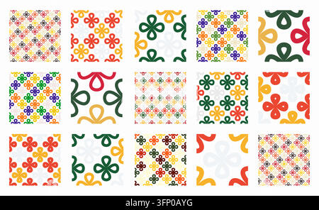 Collezione di vivaci motivi lineari senza cuciture con forme floreali su uno sfondo luminoso. Disegni giocosi per moda, tessuti, decorazione domestica e stampa Illustrazione Vettoriale