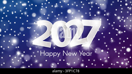 Buon anno nuovo 2027 concetto blu e viola con bufera di neve e scintille. Decorazione di tempesta di neve di Natale e Capodanno cinese. Biglietto di Capodanno o vendita con Illustrazione Vettoriale