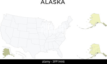 Mappa locatoria dell'Alaska con borghi e aree di censimento su una mappa degli Stati Uniti. Evidenziata su una mappa schematica degli Stati Uniti, disegnata come inserto accanto alle Hawaii. Illustrazione Vettoriale