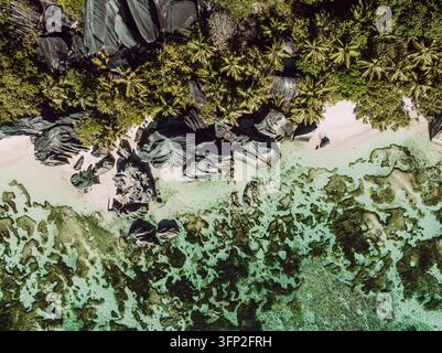 Vista aerea dall'alto di formazioni rocciose di granito, sabbia bianca e acqua turchese poco profonda a La Digue. Foto Stock