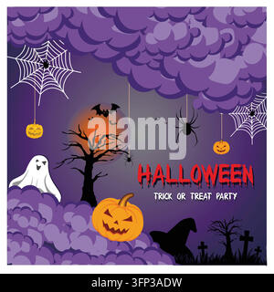 Opera d'arte a tema Halloween che raffigura una zucca, un fantasma, pipistrelli, ragnatele e un'atmosfera oscura e inquietante, perfetta per celebrazioni festive e decorazioni stagionali. Illustrazione Vettoriale