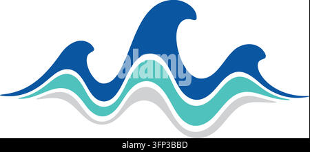Illustrazione piatta di tre onde oceaniche ripetitive in blu turchese scuro e grigio pallido con creste curve ritmiche Illustrazione Vettoriale