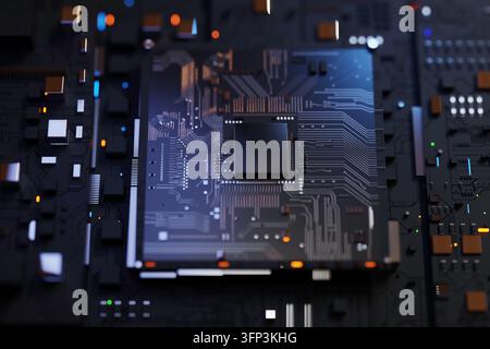 Microprocessore CPU futuristico e chipset su una scheda circuito dettagliata, illustrazione render 3D Foto Stock