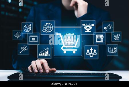 Concetto di automazione dell'e-commerce basata sull'IA e piattaforma di shopping online. mostra carrello intelligente, chatbot, icone di marketing, gestione del negozio, analisi delle vendite Foto Stock