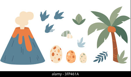 Set naturale preistorico con vulcano, uovo di dinosauro, impronta, palma e pianta tropicale. Illustrazione vettoriale carina in stile cartone animato Illustrazione Vettoriale