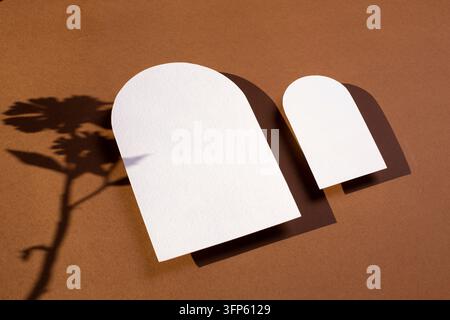 Design minimale moderno. Biglietto da visita con forma ad arco vintage diversa. Biglietto bianco astratto moderno con fiore giallo e ombra dura in vista laterale Foto Stock