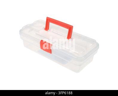 Scatola organizzativa in plastica trasparente con manico rosso isolata su sfondo bianco Foto Stock