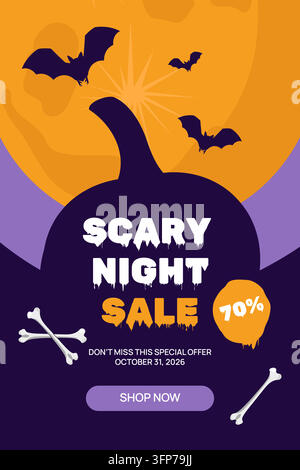 Modello di banner per la vendita spaventosa della notte di Halloween con grande silhouette di zucca, pipistrelli, luna e vettore di ossa Illustrazione Vettoriale
