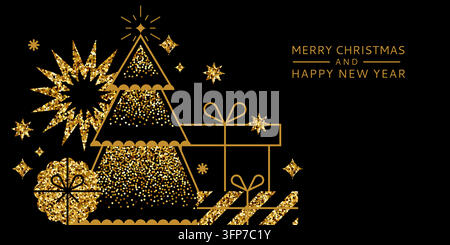 Illustrazione vettoriale con albero di Natale glitter dorato, scatole regalo e stelle su sfondo nero. Elementi di design per biglietto di auguri di Capodanno Illustrazione Vettoriale