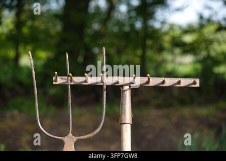 Attrezzi da giardino vintage, forcone e rastrello, su uno sfondo verde sfocato all'aperto Foto Stock