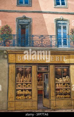 Narbonne, Occitania, Francia. 26 agosto 2026. Murale trompe-l'œil che raffigura una facciata di panetteria francese tradizionale su una strada storica. Facciate dipinte. Foto Stock
