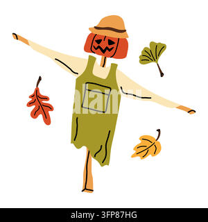 Illustrazione vettoriale di spaventapasseri di zucca carino per il design del festival autunnale, Halloween e Ringraziamento Illustrazione Vettoriale