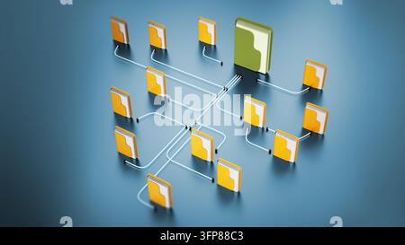 Cartelle collegate tra di loro in una rete. 3D'illustrazione. Foto Stock