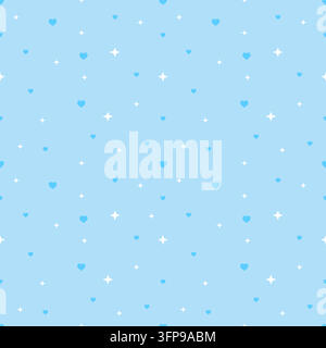 Simpatico motivo senza cuciture con cuori blu brillante e stelle bianche scintillanti su uno sfondo azzurro cielo. Design allegro per carta da parati, imballaggio pa Illustrazione Vettoriale