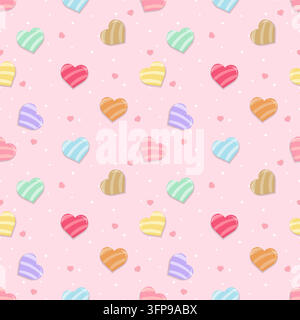 Simpatico motivo senza cuciture con forme a cuore a strisce colorate con piccoli cuori, stelle bianche e punti su uno sfondo rosa tenue. Design romantico dolce Illustrazione Vettoriale