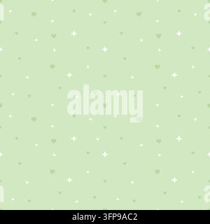 Simpatico motivo senza cuciture con cuori verde chiaro e stelle bianche scintillanti su uno sfondo verde morbido. Design pastello delicato per carta da parati, tessuti, imballaggi Illustrazione Vettoriale