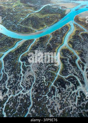 Acqua turchese della marea si snoda attraverso intricati motivi di paludi salate ad Huelva, in Spagna Foto Stock