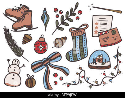 Set di elementi di scarabocchi per le vacanze di Natale. Illustrazione vettoriale di clipart di decorazione festiva invernale carina Illustrazione Vettoriale