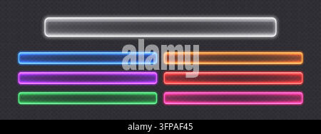 Ampie bandiere in vetro al neon, set di pulsanti trasparenti. Cornici luminose, segnali rettangolari lucidi. Illustrazione Vettoriale
