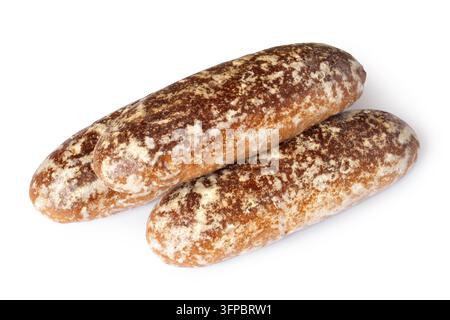 Tre dolci biscotti glassati allo zenzero su sfondo bianco. Dolci pasticcini naturali per dessert in primo piano. Foto Stock