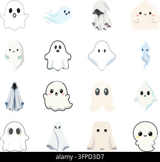 Una collezione di illustrazioni piatte e morbide con vari personaggi fantasma carini in diverse forme, espressioni e pose fluttuanti. Illustrazione Vettoriale
