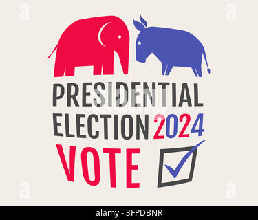 Vector vintage banner per le elezioni presidenziali del 2024 negli Stati Uniti. Illustrazione vettoriale di asino ed elefante. Votate le elezioni americane del 2024. Illustrazione Vettoriale