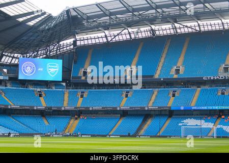 Etihad Stadium, Manchester, Regno Unito. 4 ottobre 2026. Tribuna sud dell'Etihad Stadium, prima della partita di WSL tra Manchester City e Arsenal all'Etihad Stad Foto Stock