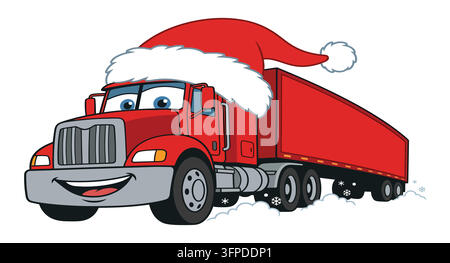 Simpatico camioncino rosso dei cartoni animati con cappello da Babbo Natale per la consegna natalizia Illustrazione Vettoriale