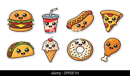 Simpatico set di cibi fast food in cartone animato con facce felici ed espressioni sorridenti Illustrazione Vettoriale