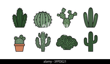 Set di varie piante di cactus verdi in forme e stili diversi con set di piante Illustrazione Vettoriale