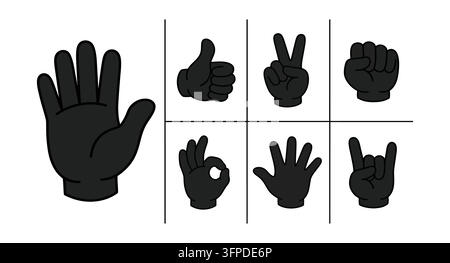 Collezione di vari gesti manuali in stile silhouette nera con segni delle mani Illustrazione Vettoriale