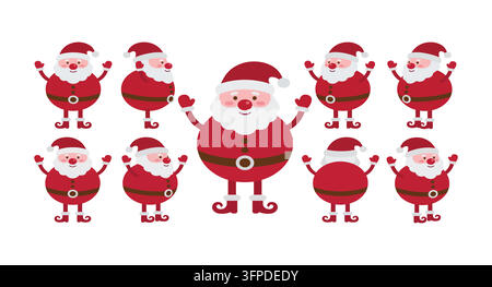 Serie di simpatici personaggi cartoni animati di Babbo Natale in diverse pose festive Illustrazione Vettoriale