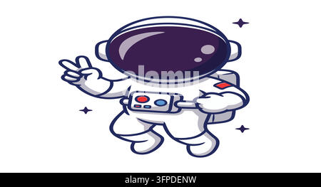 Astronauta che galleggia nello spazio mostrando un gesto di pace con la mano, con lo spazio esterno Illustrazione Vettoriale