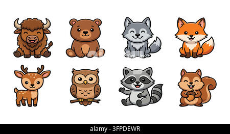 Set di simpatici personaggi di animali della foresta in stile cartone animato con animali della foresta Illustrazione Vettoriale