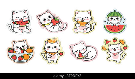 Set di adesivi carini di gatti bianchi in cartone animato con frutta, illustrazione di gatto kawaii Illustrazione Vettoriale