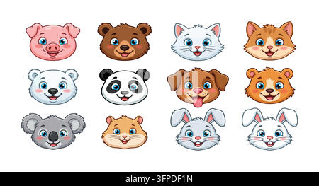 Simpatico set di varie facce di animali per il design per bambini con animali carini Illustrazione Vettoriale