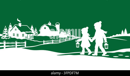 Bambini che camminano insieme in un paesaggio rurale innevato con una fattoria Illustrazione Vettoriale