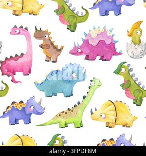 Motivo senza cuciture di dinosauri carini e colorati in acquerello isolati su sfondo bianco Foto Stock