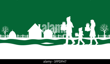 Famiglia che trasporta scatole regalo attraverso un campo innevato vicino a case rurali con paesaggio Illustrazione Vettoriale