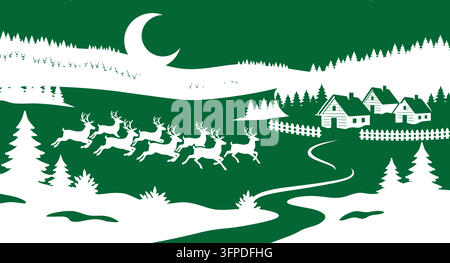 Illustrazione a silhouette di un branco di renne che corre attraverso un villaggio invernale innevato Illustrazione Vettoriale