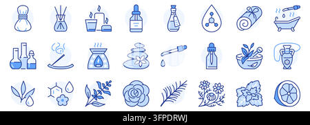 Set di icone lineari per l'aromaterapia. Diffusore di oli essenziali, erba di lavanda, massaggio spa, lozione aromatica, bastoncino di incenso che brucia, illustrazione vettoriale lineare minimale Illustrazione Vettoriale