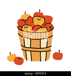 Illustrazione vettoriale di cestino di mele per festival del raccolto autunnale, mercato agricolo e design alimentare Illustrazione Vettoriale