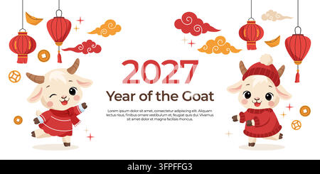 Banner del Capodanno cinese 2027 della Capra con personaggi carini, lanterne e nuvole Illustrazione Vettoriale